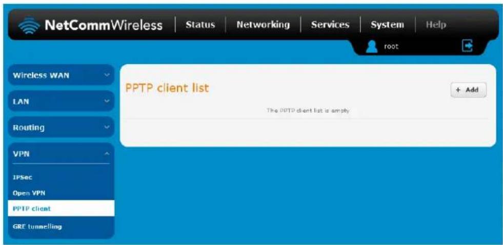 NetCommWireless | Status | Networking | Services | System | Help root Wireless WAN LAN Routing VPN IPSec Open VPN PPTP client GRE tunnelling PPTP client list The PPTP client list is empty + Add