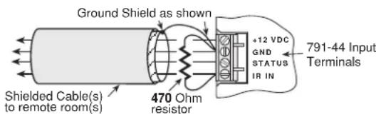 Ground Shield as shown Shielded Cable(s) to remote room(s) 470 Ohm resistor +12 VDC GND STATUS IR IN 791-44 Input Terminals