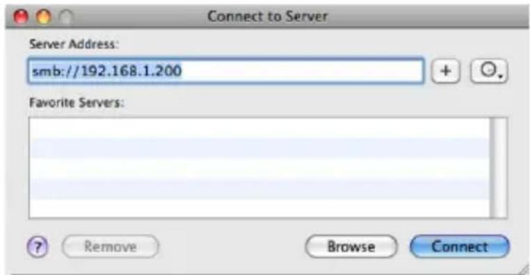 Connect to Server Server Address: smb://192.168.1.200 Favorite Servers: ? Remove Browse Connect