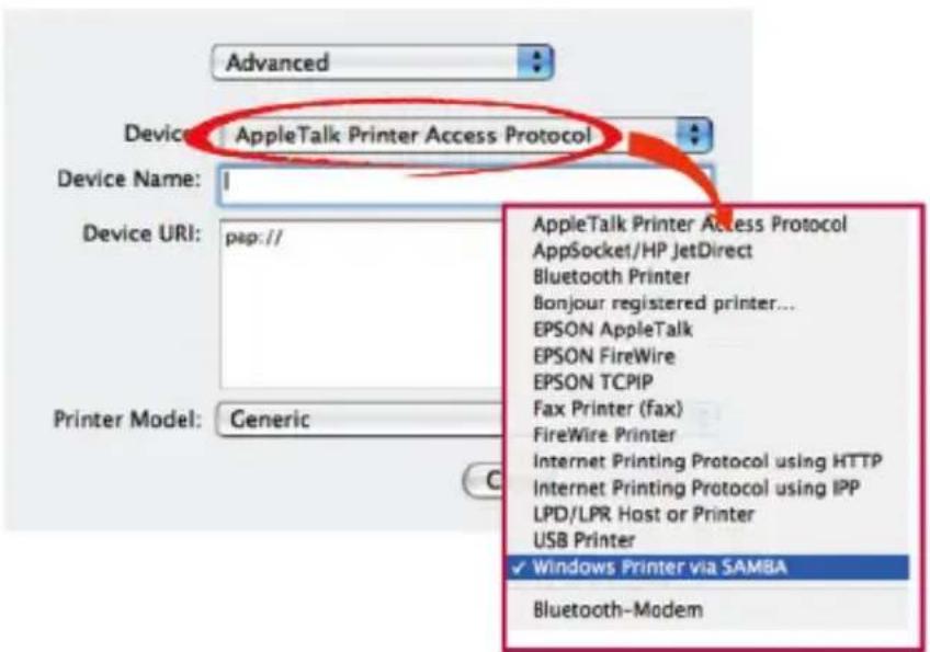 Advanced Device: AppleTalk Printer Access Protocol Device Name: 1 Device URI: pep:// Printer Model: Generic AppleTalk Printer Access Protocol AppSocket/HP JetDirect Bluetooth Printer Bonjour registered printer... EPSON AppleTalk EPSON FireWire EPSON TCPIP Fax Printer (fax) FireWire Printer Internet Printing Protocol using HTTP Internet Printing Protocol using IPP LPD/LPR Host or Printer USB Printer ✓ Windows Printer via SAMBA Bluetooth-Modem
