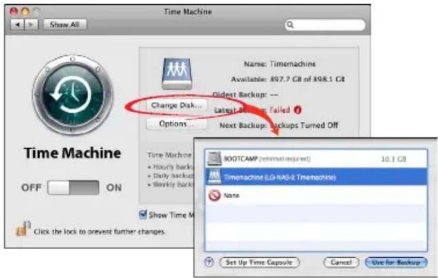Time Machine Show All Name: Timemachine Available: 897.7 GB of 898.1 GB Oldest Backup: -- Change Disk... Latest Backups: Failed ? Options... Next Backup: Backups Turned Off Time Machine • Hourly backs • Daily backup • Weekly back Show Time M Click the lock to prevent further changes. BOOTCAMP (reprint required) 10.3 GB Timemachine (LG-NAG-2 Tmemachine) None Set Up Time Capsule Cancel Use for Backup
