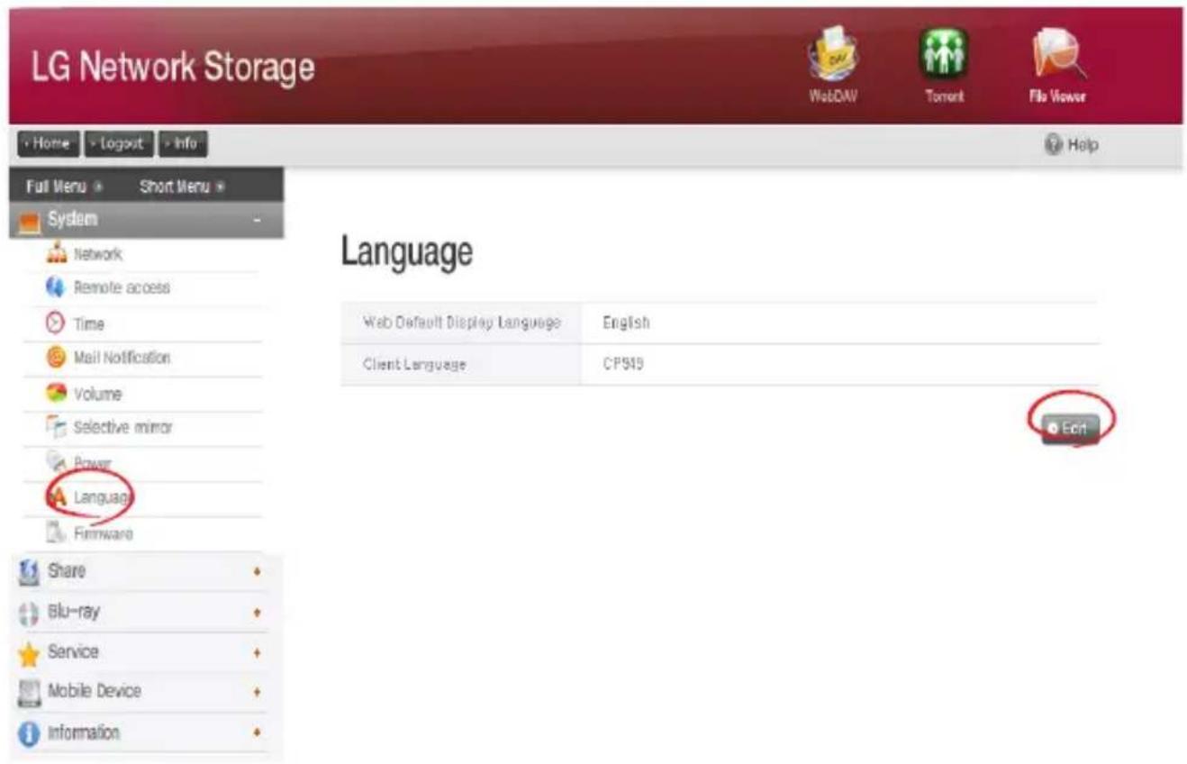 LG Network Storage Home > Logout > Info Full Menu Short Menu System Network Remote access Time Mail Notification Volume Selective mirror Power Language Firmware Share Blu-ray Service Mobile Device Information Language Web Default Display Language English Client Language CPS15 Edit