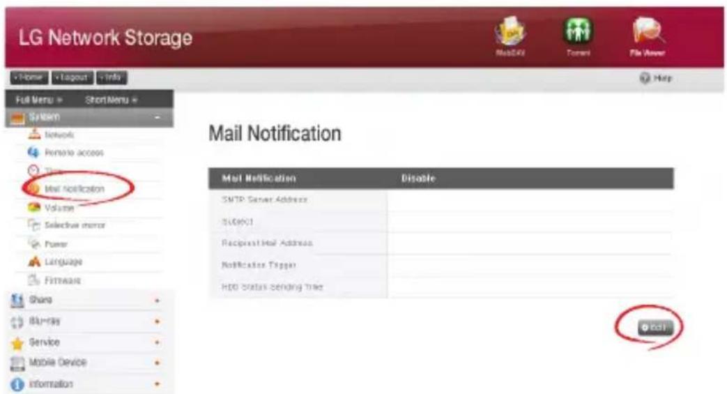 LG Network Storage Mail Notification Mail Notification SMTP Server Address SUGU01 Recipient Mail Address Notification Trigger HDD Status Sending True EOT