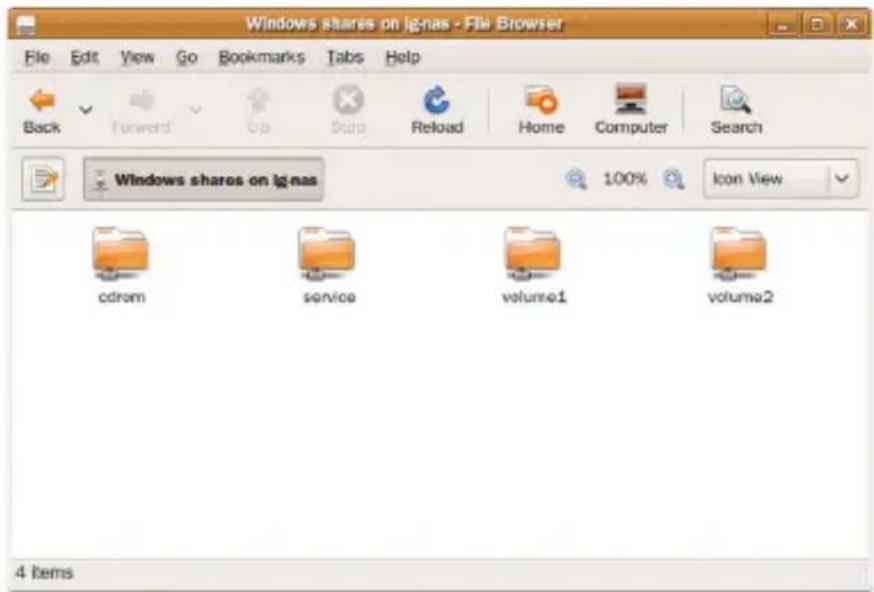 Windows shares on ig-nas - File Browser File Edit View Go Bookmarks Tabs Help Back Forward Op Stop Reload Home Computer Search Windows shares on ig-nas 100% Icon View cdrom service volume1 volume2 4 items