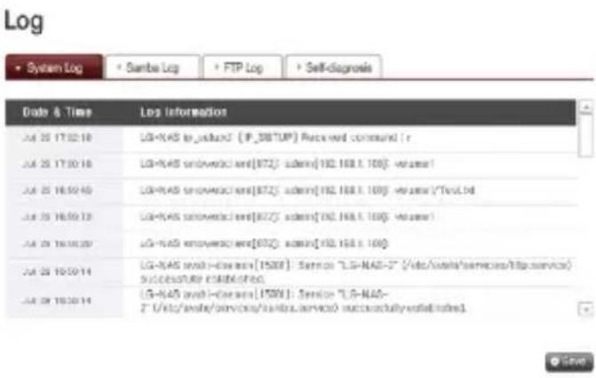 Log System Log Sambe Log FTP Log Self-diagnosis Date & Time Los Information Jul 25 17:02:18 LG-NAS bi_udus/AT [IP_38TUP] Received command [r Jul 25 17:02:18 LG-NAS on/wareclicent[67Z] admin[192.168.1.100] version1 Jul 25 16:30:40 LG-NAS on/wareclicent[67Z] admin[192.168.1.100] version1/Test.txt Jul 25 16:30:13 LG-NAS on/wareclicent[67Z] admin[192.168.1.100] version1 Jul 25 16:30:20 LG-NAS on/wareclicent[67Z] admin[192.168.1.100] Jul 25 16:30:14 LG-NAS with-Genera[150N] : Service "LG-NAS-2" /kdc/kda/servico/ltp.service/ SUCCEEDUP ESD/BFEG Jul 25 16:30:14 LG-NAS with-Genera[150N] : Service "LG-NAS- 2" /kdc/kda/servico/la/bra.service/ successfully installed notes.