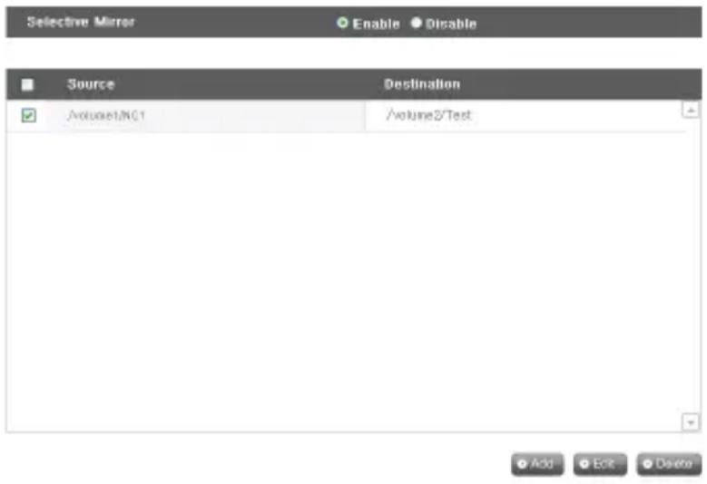 Selective Mirror Enable Disable Source Destination Volume1NC1 Volume2/Test Add Edit Delete