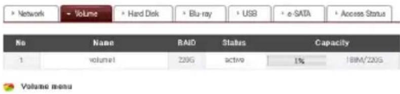 Network Volume Hard Disk Blu-ray USB e-SATA Access Status No Name BAID Status Capacity 1 volume 220G active 1% 189M/220G Volume menu