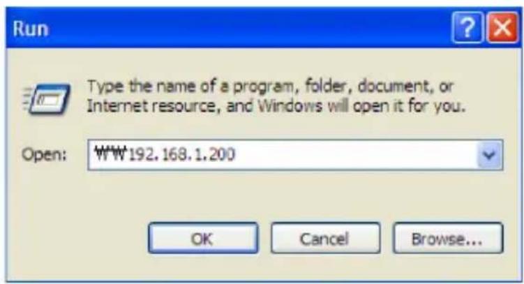 Run Type the name of a program, folder, document, or Internet resource, and Windows will open it for you. Open: WWW192.168.1.200 OK Cancel Browse...