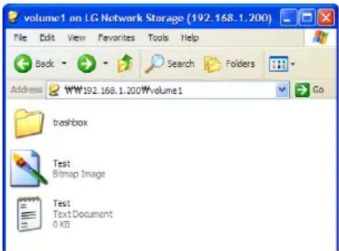 volume1 on LG Network Storage (192.168.1.200) File Edit View Favorites Tools Help Back Search Folders Address WWW192.168.1.200\volume1 Go trashbox Test Bitmap Image Test Text Document 0 KB