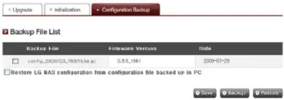 Upgrade Initialization Configuration Backup Backup File List Backup File Firmware Version Data config_20080729_160019.bsc.gc 0.3.8_1561 2009-07-29 Restore LG MAS configuration from configuration file backed up in PC Save Backup Restore