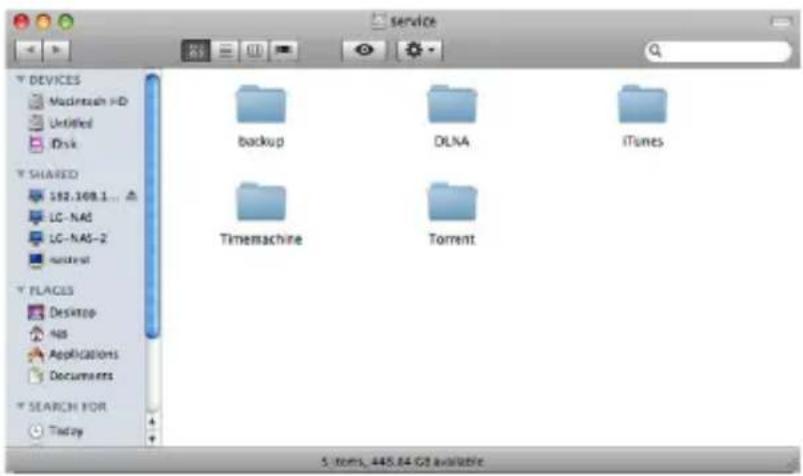 service devices MaxNetech HD Untitled Disk SHARED 192.108.1... LG-NAD LG-NAS-2 multext PLACES Desktop Nas Applications Documents SEARCH FOR Today backup DLNA iTunes Timemachine Torrent 5 items, 445.84 GB available