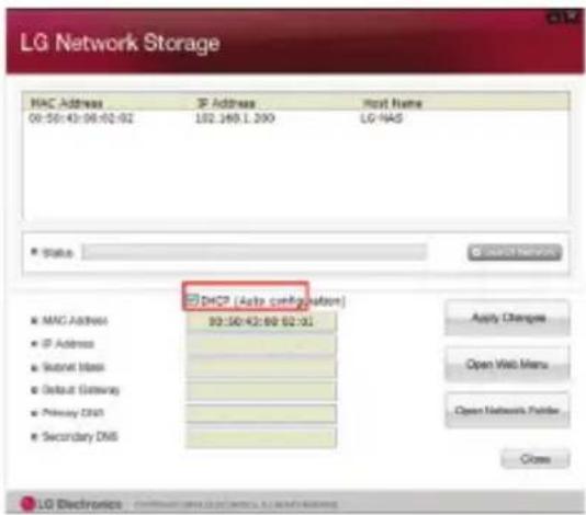 LG Network Storage MAC Address IP Address Host Name 09:50:43:08:02:02 102.169.1.200 LG NAS Status DHCP (Auto configuration) 09:50:43:08:02:01 Apply Changes Open Web Menu Open Network Folder Cross LG Electronics