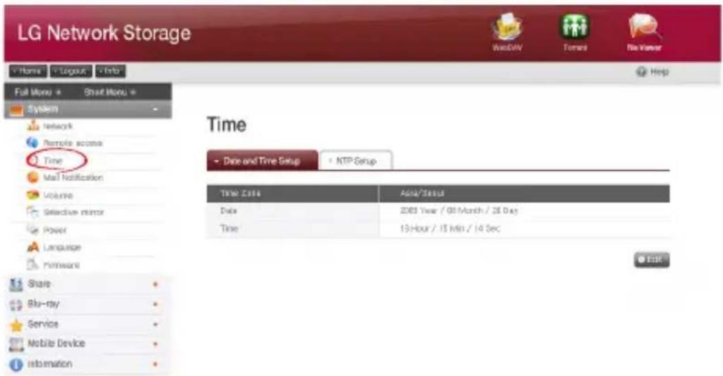 LG Network Storage Home Logout Info Full More Share More System Network Remote income Time Mail Notification Volume Selective mirror Power Language Hardware Share Blu-ray Service Mobile Device Information Time Date and Time Setup NTP Setup Time Tools Add/Start Date 2003 Year / 00 Month / 26 Day Time 19 Hour / 15 Min / 14 Sec ADD