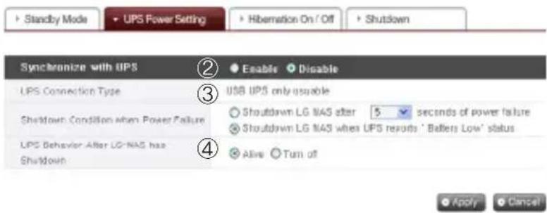 Standby Mode UPS Power Setting Hibernation On / Off Shutdown Synchronize with UPS Enable Disable UPS Connection Type USB UPS only usable Shutdown Condition when Power Failure Shutdown LG WAS after 5 seconds of power failure Shutdown LG WAS when UPS reports ' Bellers Low' status UPS Behavior After LG-NAS has Shutdown Alive Turn off Apply Cancel