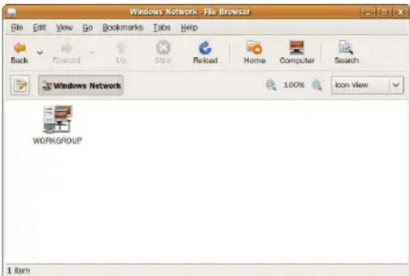 Windows Network> File Browser File Edit View Go Bookmarks Tabs Help Back Forward Up Stop Reload Home Computer Search Windows Network 100% Icon View WORKGROUP 1 item