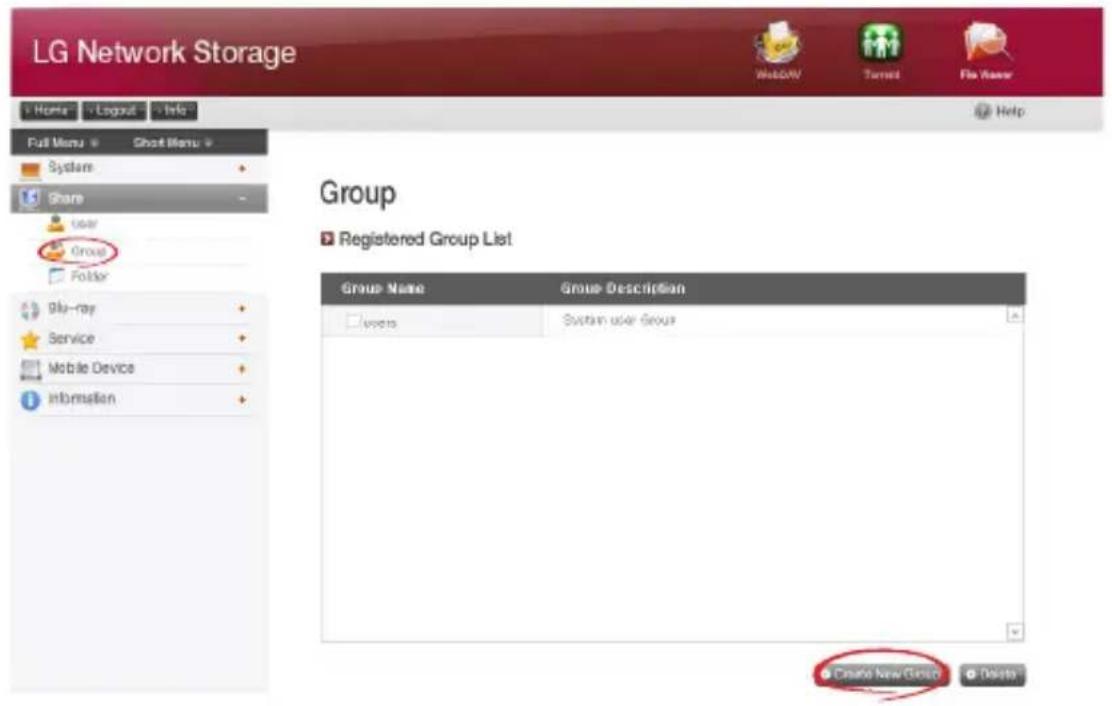 LG Network Storage Home Logout Help Full Menu Ghost Menu System Share User Group Folder Glu-ray Service Mobile Device Information Group Registered Group List Group Name Group Description Users System user group Create New Group Delete