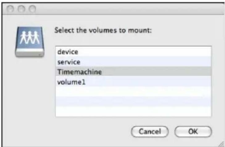 Select the volumes to mount: device service Timemachine volume1 Cancel OK