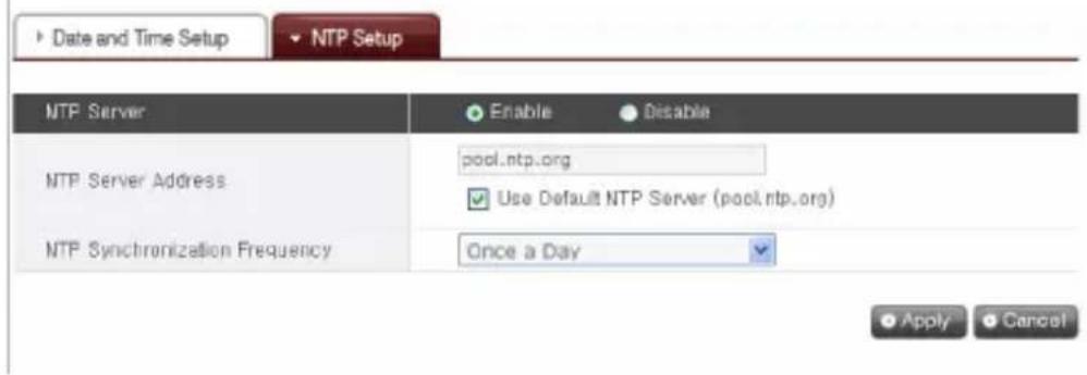 Date and Time Setup NTP Setup NTP Server Enable Disable NTP Server Address pool.ntp.org Use Default NTP Server (pool.ntp.org) NTP Synchronization Frequency Once a Day Apply Cancel