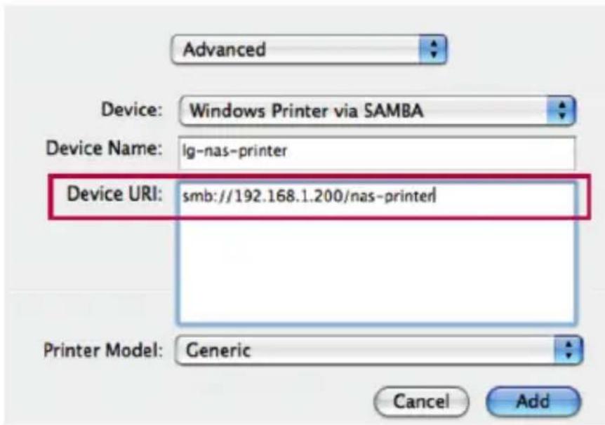 Advanced Device: Windows Printer via SAMBA Device Name: lg-nas-printer Device URI: smb://192.168.1.200/nas-printerl Printer Model: Generic Cancel Add