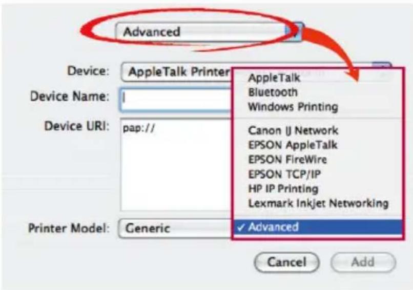 Advanced Device: AppleTalk Printer Device Name: I Device URI: pap:// Printer Model: Generic Advanced AppleTalk Bluetooth Windows Printing Canon IJ Network EPSON AppleTalk EPSON FireWire EPSON TCP/IP HP IP Printing Lexmark Inkjet Networking Advanced Cancel Add