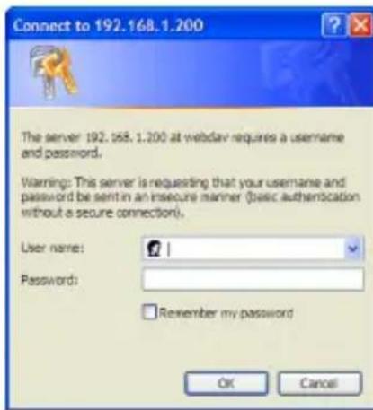 Connect to 192.168.1.200 The server 192.168.1.200 at webdav requires a username and password. Warning: This server is requesting that your username and password be sent in an insecure manner (basic authentication without a secure connection). User name: Password: Remember my password OK Cancel
