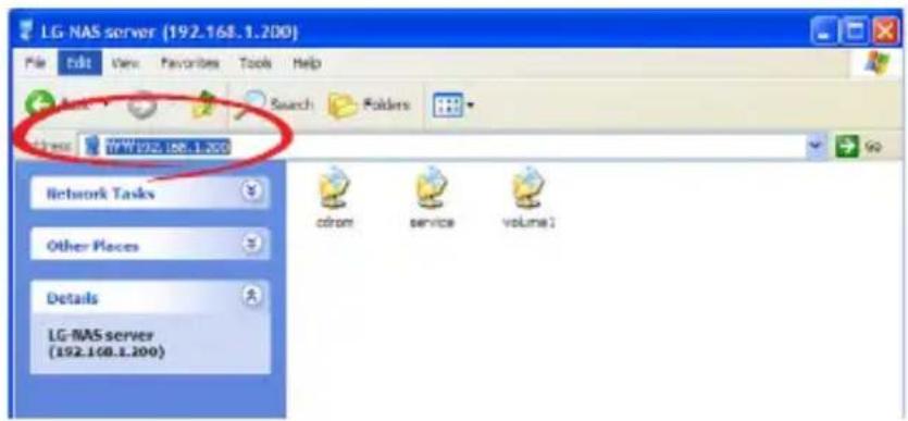 LG-NAS server (192.168.1.200) File Edit View Favorites Tools Help Network Tasks Search Folders Network Tasks Other Places Details LG-NAS server (192.168.1.200) colom service volume