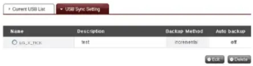 Current USB List USB Sync Setting Name Description Backup Method Auto backup LG_X_TICK Hydrogen test Increments off Edit Delete