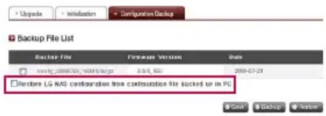 Backup File List Backup File Firstware Version Date □ n##g:2008/07/16-4008/SiUcga 3.5/0, 8021 2009-07-29 □Restore LG NAS configuration from configuration file locked up in PC
