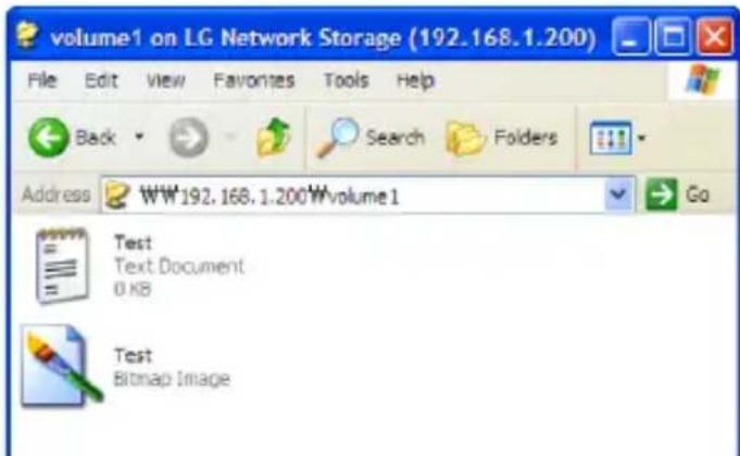 volume1 on LG Network Storage (192.168.1.200) File Edit View Favorites Tools Help Back Search Folders Address WW 192.168.1.200 W volume 1 Go Test Text Document 0 KB Test Bitmap Image