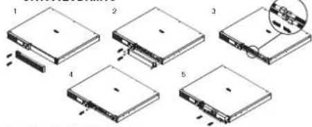 Diagram showing five steps of a device or folder assembly with labeled components and an inset magnified view.