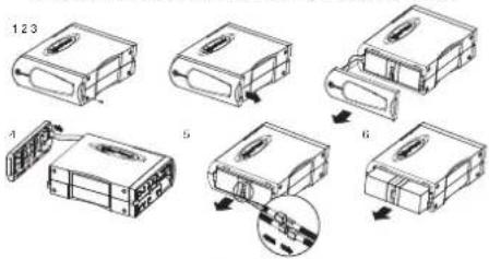 Technical diagram showing six steps of a device component assembly with numbered labels and directional arrows indicating movement.