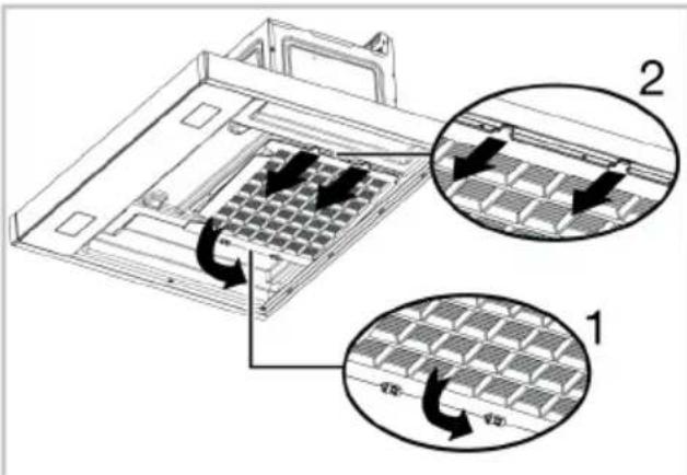 Diagram showing two views of a computer rack with labeled components and directional arrows indicating movement or flow.