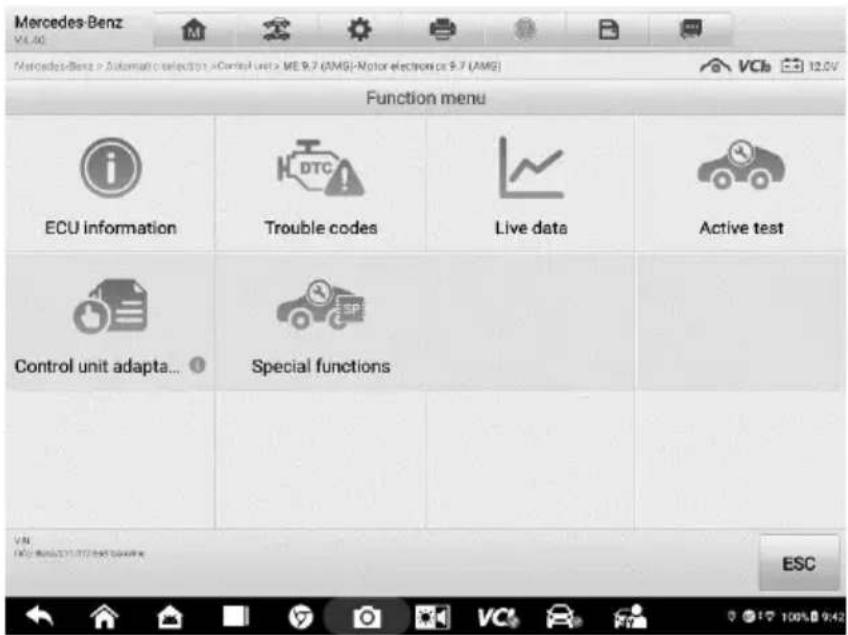 Mercedes-Benz V4.50 Mercedes-Benz > Automatic selection > Control unit > ME 9.7 (AMG) - Motor electrons or 9.7 (AMG) Function menu ECU Information Trouble codes Live data Active test Control unit adapta... Special functions ESC