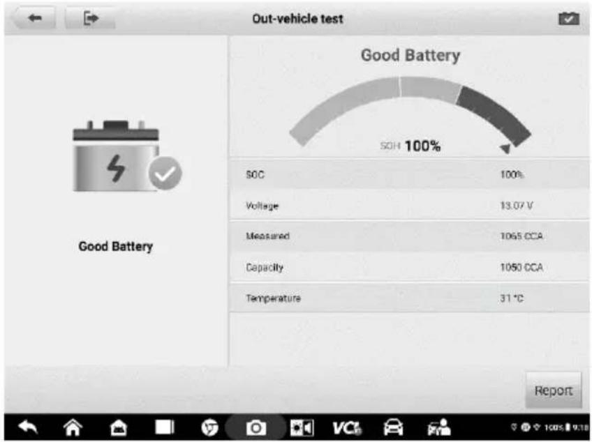 Out-vehicle test Good Battery SOH 100% SOC 100% Voltage 13.07 V Measured 1065 CCA Capacity 1050 CCA Temperature 31 °C Report