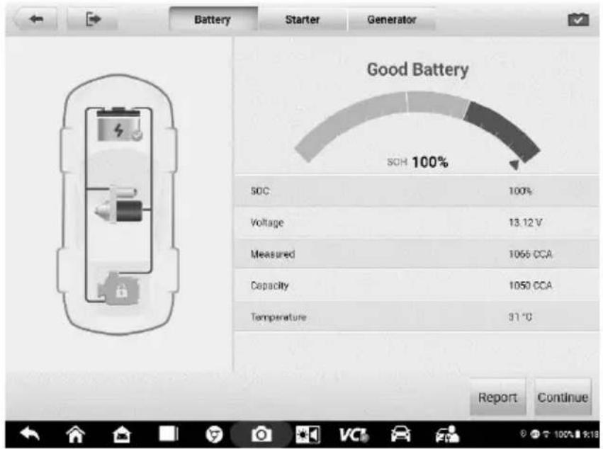 Battery Starter Generator Good Battery SOH 100% 50C 100% Voltage 13.12 V Measured 1065 CCA Capacity 1050 CCA Temperature 31 °C Report Continue