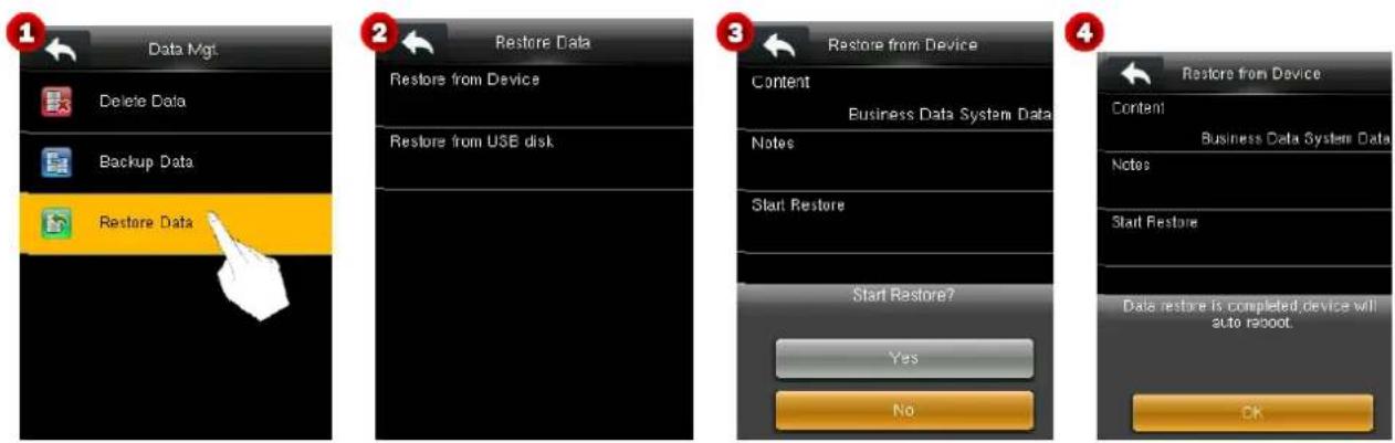 Data Mgt Delete Data Backup Data Restore Data Restore Data Restore from Device Restore from USB disk Restore from Device Content Business Data System Data Notes Start Restore Start Restore? Yes No Restore from Device Content Business Data System Data Notes Start Restore Data restore is completed,device will auto reboot. OK