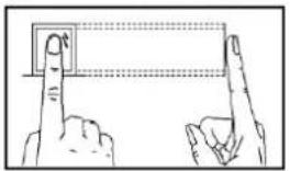 Diagram showing two fingers pointing at a square with a dashed line indicating alignment or measurement