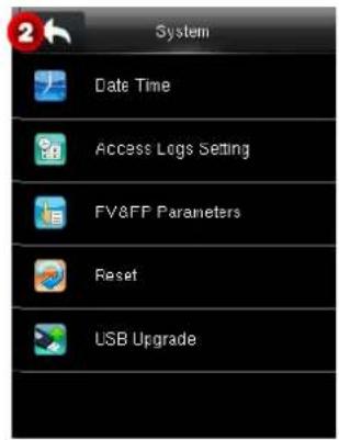 System Date Time Access Legs Setting FV&FP Parameters Reset USB Upgrade