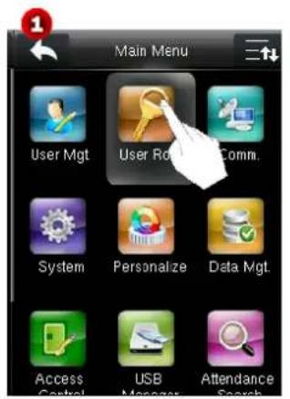 Main Menu User Mgt User Rot Comm. System Personalize Data Mgt. Access Control USB Manager Attendance Search