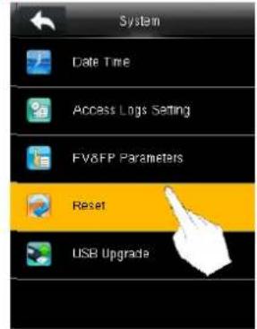 System Date Time Access Logs Setting FV&FP Parameters Reset USB Upgrade