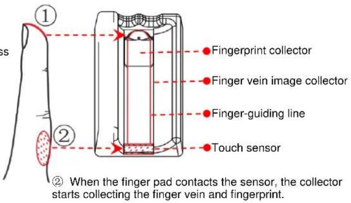 Fingerprint collector Finger vein image collector Finger-guiding line Touch sensor ① ② ② When the finger pad contacts the sensor, the collector starts collecting the finger vein and fingerprint.
