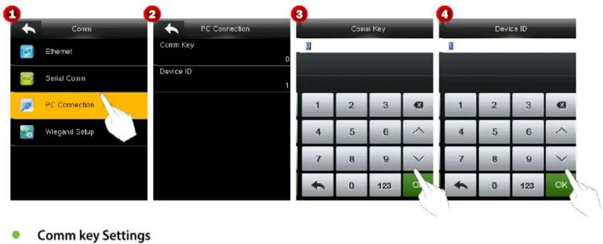 Comm Ethernet Serial Comm PC Connection Wiegand Setup PC Connection Comm Key Device ID Comm Key Device ID 1 2 3 4 5 6 7 8 9 0 123 OK 1 2 3 4 5 6 7 8 9 0 123 OK Comm key Settings