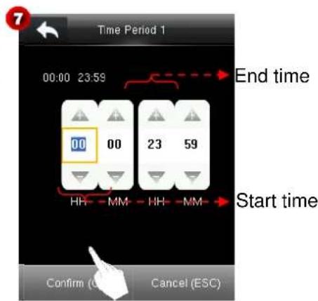 Time Period 1 00:00 23:59 End time 00 00 23 59 HH - MM - HH - MM Start time Confirm (C) Cancel (ESC)