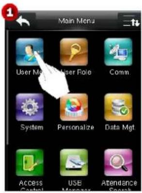 Main Menu User Mode User Role Comm System Personalize Data Mgt Access Control USB Manager Attendance Search