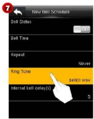 New Bell Schedule Bell Status OFF Bell Time Repeat Never Ring Tone bell01 way Internal bell delay(s) 5