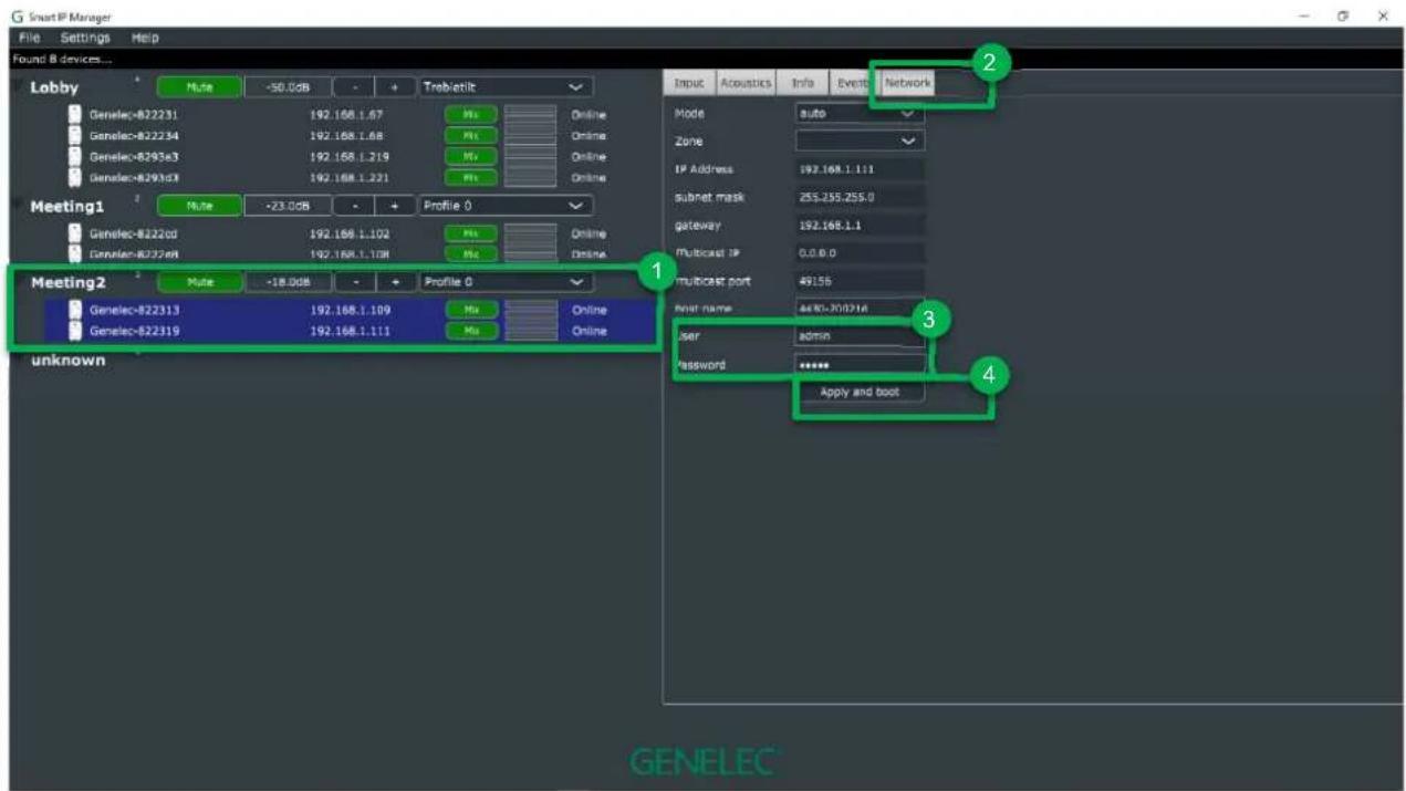 G Smart IP Manager File Settings Help Found B devices... Lobby Genelec-822231 192.168.1.67 Mio Online Genelec-822234 192.168.1.68 Mio Online Genelec-8293e3 192.168.1.219 Mio Online Genelec-8293d3 192.168.1.221 Mio Online Meeting1 Genelec-822200 192.168.1.102 Mio Online Genelec-800000 192.168.1.108 Mio Online Meeting2 Genelec-822313 192.168.1.109 Mio Online Genelec-822319 192.168.1.111 Mio Online unknown Input Acoustics Info Event Network Mode auto Zone IP Address 192.168.1.111 subnet mask 255.255.255.0 gateway 192.168.1.1 Multicast IP 0.0.0.0 multicast port 49.55 root name: 4450-300216 user admin Password ***** Apply and boot