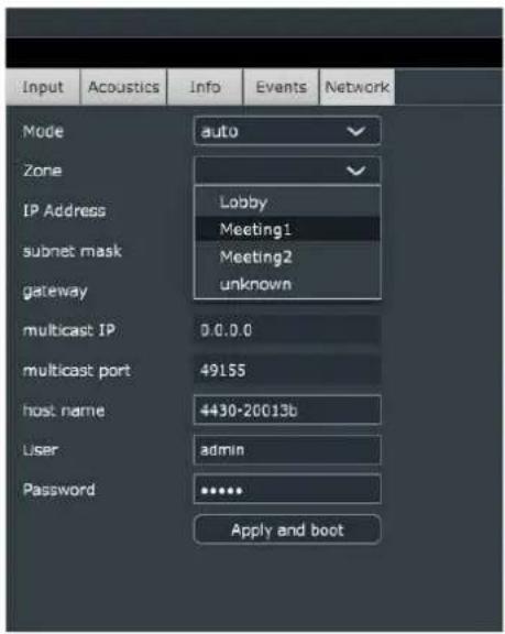 Input Acoustics Info Events Network Mode auto Zone IP Address Lobby Meeting1 subnet mask Meeting2 gateway unknown multicast IP 0.0.0.0 multicast port 49155 host name 4430-20013b User admin Password ****** Apply and boot
