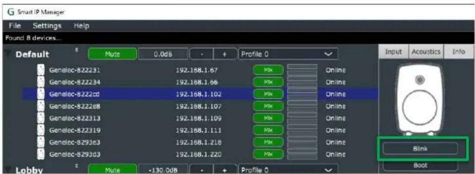 G Smart IP Manager File Settings Help Found 8 devices... Default 0 Mute 0.0dB - + Profile 0 Genalec-822231 192.168.1.57 Mix Online Genalec-822234 192.168.1.66 Mix Online Genalec-8222cd 192.168.1.102 Mix Online Genalec-8222e8 192.168.1.107 Mix Online Genalec-822313 192.168.1.109 Mix Online Genalec-822319 192.168.1.111 Mix Online Genalec-8293e3 192.168.1.218 Mix Online Genalec-8293d3 192.168.1.220 Mix Online Lobby 0 Mute -130.0dB - + Profile 0 Input Acoustics Info Blink Boot