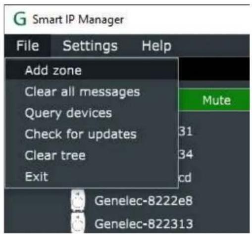G Smart IP Manager File Settings Help Add zone Clear all messages Query devices Check for updates Clear tree Exit Mute 31 34 cd Genelec-8222e8 Genelec-822313