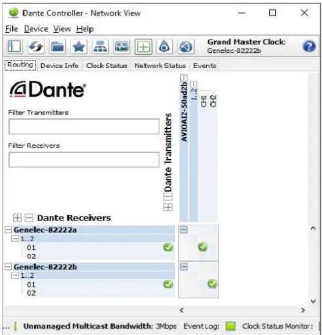 Dante Controller - Network View File Device View Help Routing Device Info Clock Status Network Status Events Grand Master Clock: Genelec-82222b Dante Filter Transmitters Filter Receivers Dante Transmitters AVI0A12-50a12b 1..2 CH1 CH2 1..2 1..2 01 02 Genelec-82222a 1..2 01 02 Genelec-82222b 1..2 01 02 Unmanaged Multicast Bandwidth: 3Mbps Event Log: Clock Status Monitor: